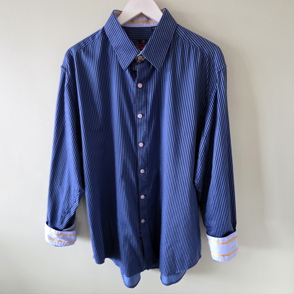 Robert Graham XL Vertical Stripe Flip Cuff Dress Shirt Retro Preppy Eclectic